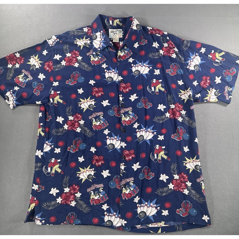 Big Dogs Bowling Button Up Shirt Mens XL Rayon Navy Red White Good Times Roll